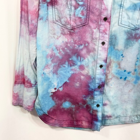 Free People Medium Top Handmade Tie Dye Button Down Long Sleeve Purple Blue 1195 - Picture 6 of 11